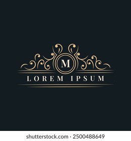 Vintage luxury golden ornament logo or badge. Royal, Monogram, Retro, Hotel and fashion brand identity