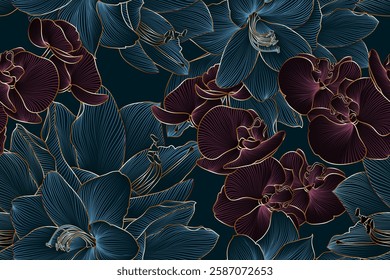 Vintage luxury golden seamless floral background with hand drawn orchid and amaryllis flowers. Romantic pattern template for wall decor, wallpaper, wedding invitations, ceremonies, cards.