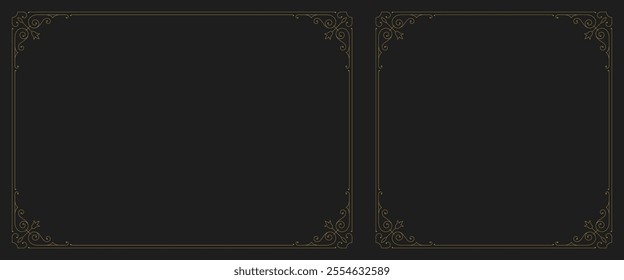 Vintage luxury golden swirl ornament frame with corner set vector illustration. Royal Victorian filigree scroll antique ornate squared rectangle border for label cover signage