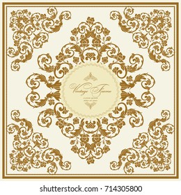 Vintage  luxury greeting card. Vector ornate gold border. Template for design.