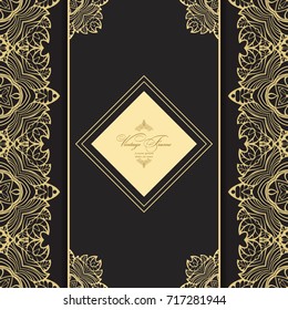 Vintage  luxury greeting card. Vector ornate  border. Golden frame on a dark background.  Template for design. 