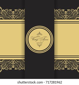 Vintage  luxury greeting card. Vector ornate  border. Golden frame on a dark background.  Template for design. 