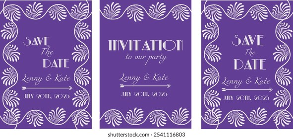 Vintage luxury invitation card with white Art Deco frame vector design. Gatsby Style design