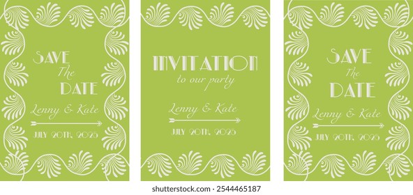 Vintage luxury invitation card with white Art Deco frame vector design. Gatsby Style design