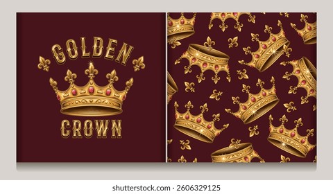 Vintage luxury label, seamless pattern with medieval golden crown, fleur de lis sign. Detailed illustrations on dark red background. Kitsch style.