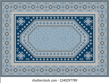 Vintage luxury oriental carpet in bluish tones with patterns of navy blue, beige and yellow color
