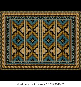 Vintage luxury oriental carpet in patterns zigzag stripes of yellow,blue shades with brown and beige colors on black background
