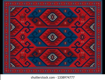 Vintage luxury oriental carpet in red, blue shades with maroon and gray patterns on black background

