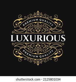 Vintage luxury ornamental logo with floral ornament. Flourishes frame. Antique label suitable for whiskey label, wine, beer, brewing, salon, shop, boutique, hotel, etc.