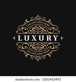 Vintage luxury ornamental logo with floral ornament. Suitable for whiskey, alcohol, vodka, wine, salon, boutique, hotel, fashion label, shop signage.