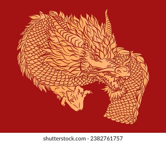 Vintage luxury poster with traditional golden Chinese dragon on red background. Mythology animal in Asian style. Solid ink dragon tattoo