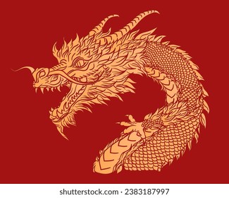 Vintage luxury poster with traditional golden Chinese dragon on red background. Mythology animal in Asian style. Solid ink dragon tattoo