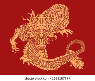 Vintage luxury poster with traditional golden Chinese dragon on red background. Mythology animal in Asian style. Solid ink dragon tattoo