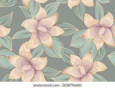 Vintage luxury seamless background with lilies flowers golden line floral Romantic pattern template. Decor, wallpaper, wedding invitations, ceremonies, cards.