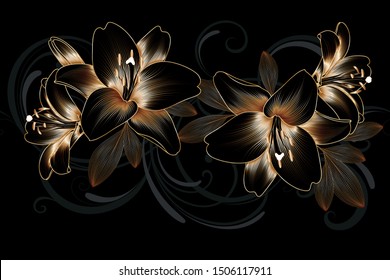 Vintage luxury seamless floral background with golden lilies flowers. Romantic pattern template for wall decor, wallpaper, wedding invitations, ceremonies, cards.