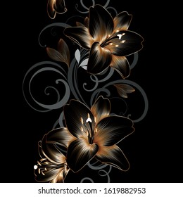 Vintage luxury seamless floral background with golden lilies flowers. Romantic pattern template for wall decor, wallpaper, wedding invitations, ceremonies, cards.