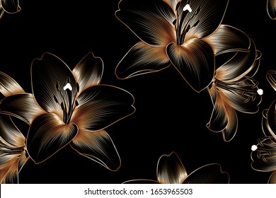 Vintage luxury seamless floral background with golden lilies flowers. Romantic pattern template for wall decor, wallpaper, wedding invitations, ceremonies, cards.