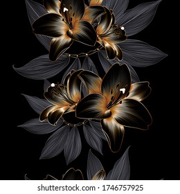 Vintage luxury seamless floral background with golden lilies flowers. Romantic pattern template for wall decor, wallpaper, wedding invitations, ceremonies, cards.