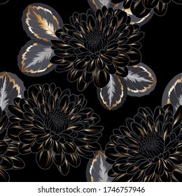 Vintage luxury seamless floral background with golden chrysanthemum flowers. Romantic pattern template for wall decor, wallpaper, wedding invitations, ceremonies, cards.