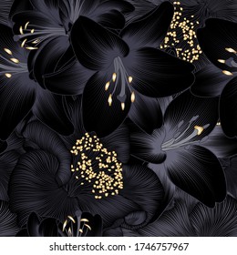 Vintage luxury seamless floral background with golden lilies and camelia flowers. Romantic pattern template for wall decor, wallpaper, wedding invitations, ceremonies, cards.