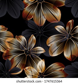 Vintage luxury seamless floral background with golden leaves. Romantic pattern template for wall decor, wallpaper, wedding invitations, ceremonies, cards.