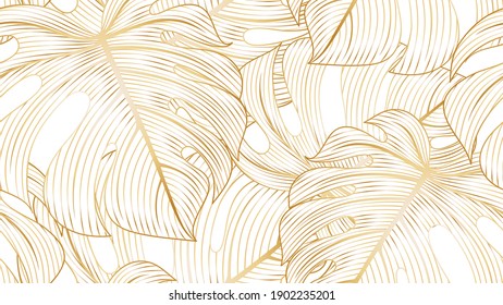 Vintage luxury seamless floral background with golden monstera leaves. Romantic pattern template for wall decor, wallpaper, wedding invitations, ceremonies, cards.