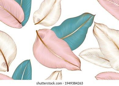 Vintage luxury seamless floral background with tropic exotic golden leaves. Romantic pattern template for wall decor, wallpaper, wedding invitations, ceremonies, cards.