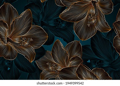 Vintage luxury seamless floral background with golden amaryllis flowers. Romantic pattern template for wall decor, wallpaper, wedding invitations, ceremonies, cards.