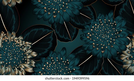 Vintage luxury seamless floral background with golden chrysanthemum flowers and calathea leaves . Romantic pattern template for wall decor, wallpaper, wedding invitations, ceremonies, cards.