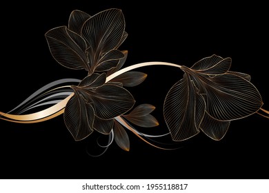 Vintage luxury seamless floral background with golden lilies flowers. Romantic pattern template for wall decor, wallpaper, wedding invitations, ceremonies, cards.