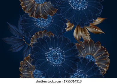 Vintage luxury seamless floral background with golden gerbera flowers. 