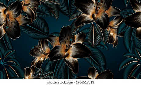 Vintage luxury seamless floral background with golden lilies flowers. Romantic pattern template for wall decor, wallpaper, wedding invitations, ceremonies, cards.