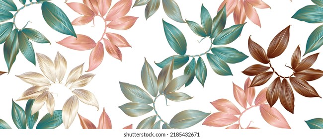 Vintage luxury seamless floral background with tropic exotic golden leaves. Romantic pattern template for wall decor, wallpaper, wedding invitations, ceremonies, cards.