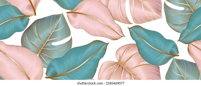 Vintage luxury seamless floral background with tropic exotic golden leaves. Romantic pattern template for wall decor, wallpaper, wedding invitations, ceremonies, cards.