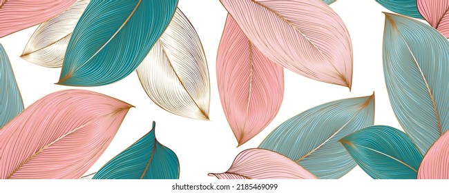 Vintage lujoso fondo floral sin fisuras con tropicales hojas de oro exóticas. Plantilla de patrón romántico para la decoración de paredes, papel pintado, invitaciones a bodas, ceremonias, tarjetas. Ilustración vectorial.