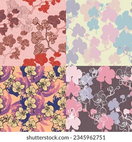 Vintage luxury seamless floral background with camelia and orchid flowers. Romantic pattern template for wall decor, wallpaper, wedding invitations, ceremonies, cards.