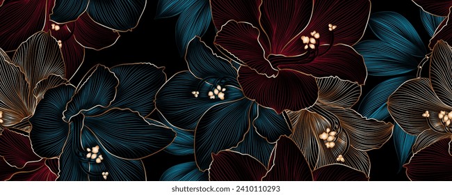 Vintage luxury seamless floral background with golden lilies flowers. Romantic pattern template for wall decor, wallpaper, wedding invitations, ceremonies, cards.
