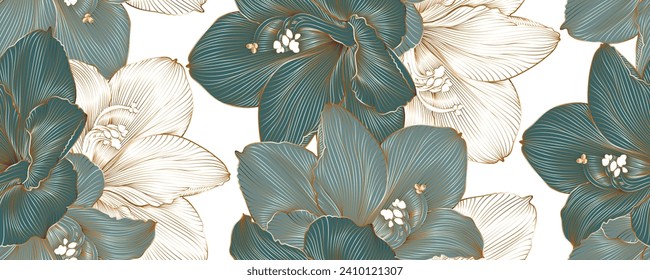 Vintage luxury seamless floral background with golden lilies flowers amaryllis. Romantic pattern template for wall decor, wallpaper, wedding invitations, ceremonies, cards. Vector illustration.