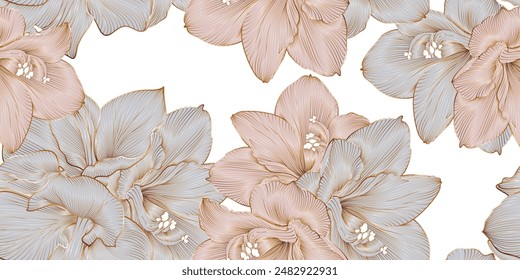 Vintage luxury seamless floral background with golden lilies flowers. Romantic pattern template for wall decor, wallpaper, wedding invitations, ceremonies, cards.