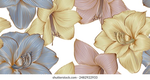 Vintage luxury seamless floral background with golden lilies flowers. Romantic pattern template for wall decor, wallpaper, wedding invitations, ceremonies, cards.