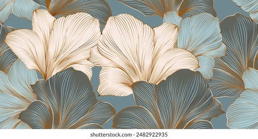 Vintage luxury seamless floral background with golden lilies flowers. Romantic pattern template for wall decor, wallpaper, wedding invitations, ceremonies, cards.