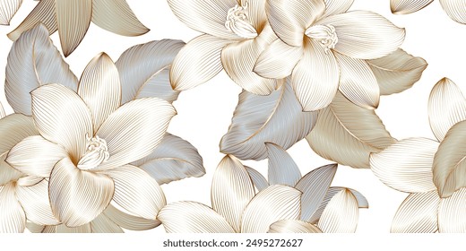 Fondo floral de lujo sin costuras de Antiguas con flores de azucenas doradas. Plantilla de patrón romántico para decoración de pared, Fondo de pantalla, invitaciones de boda, ceremonias, tarjetas.