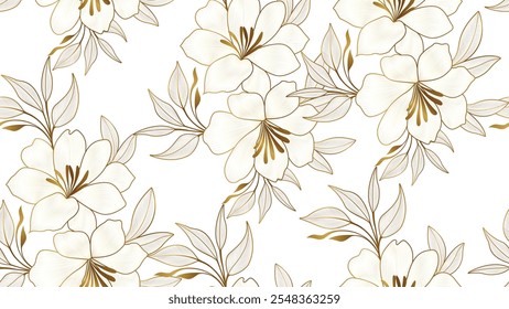 Vintage luxury seamless floral background with golden lilies flowers. Romantic pattern template for wall decor, wallpaper, wedding invitations, ceremonies, cards.