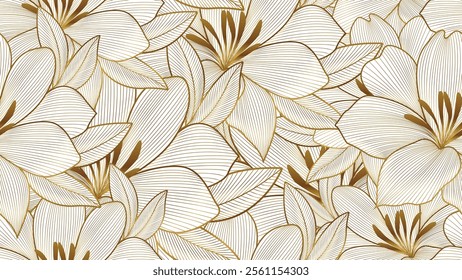 Vintage luxury seamless floral background with golden lilies flowers. Romantic pattern template for wall decor, wallpaper, wedding invitations, ceremonies, cards.