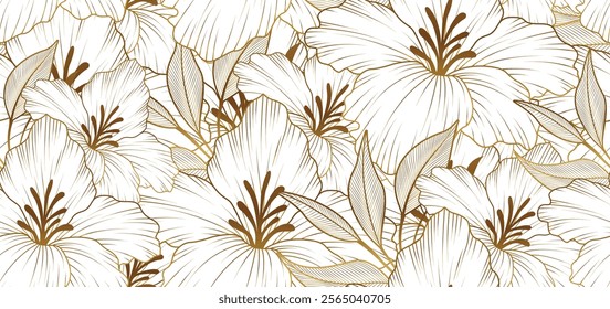 Vintage luxury seamless floral background with golden lilies flowers. Romantic pattern template for wall decor, wallpaper, wedding invitations, ceremonies, cards.