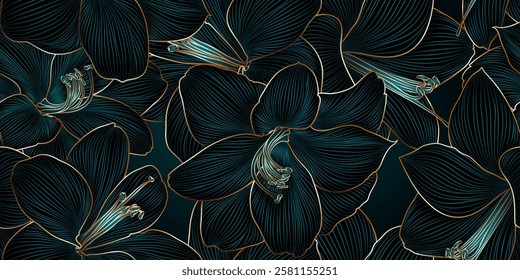 Vintage luxury seamless floral background with golden lilies flowers. Romantic pattern template for wall decor, wallpaper, wedding invitations, ceremonies, cards.