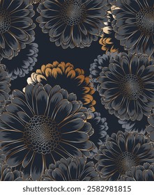 Vintage luxury seamless floral background with golden chamomile flowers. Romantic pattern template for wall decor, wallpaper, wedding invitations, ceremonies, cards.