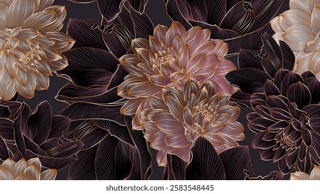 Vintage luxury seamless floral background with golden amaryllis and dahlia flowers. Romantic pattern template for wall decor, wallpaper, wedding invitations, ceremonies, cards.