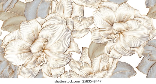 Vintage luxury seamless floral background with golden amaryllis flowers. Romantic pattern template for wall decor, wallpaper, wedding invitations, ceremonies, cards.