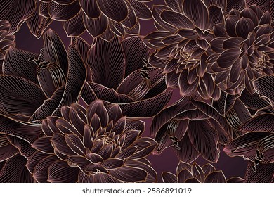 Vintage luxury seamless floral background with golden amaryllis and dahlia flowers. Romantic pattern template for wall decor, wallpaper, wedding invitations, ceremonies, cards.